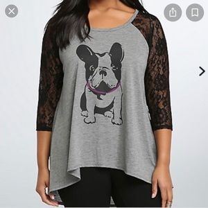 Torrid raglan French bulldog lace top. Size 1